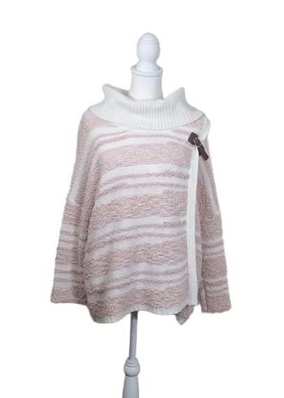 Calvin Klein Pink White Knit Cowl Neck Peacoat Jacket Buckle Sweater Poncho S/M